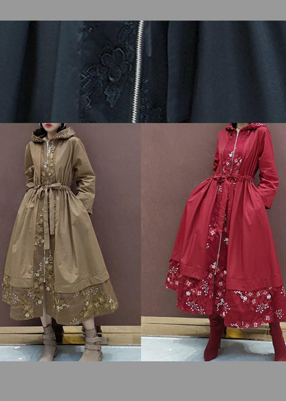 French Hooded Fine Spring Clothes for Red Embroidery Art Coats