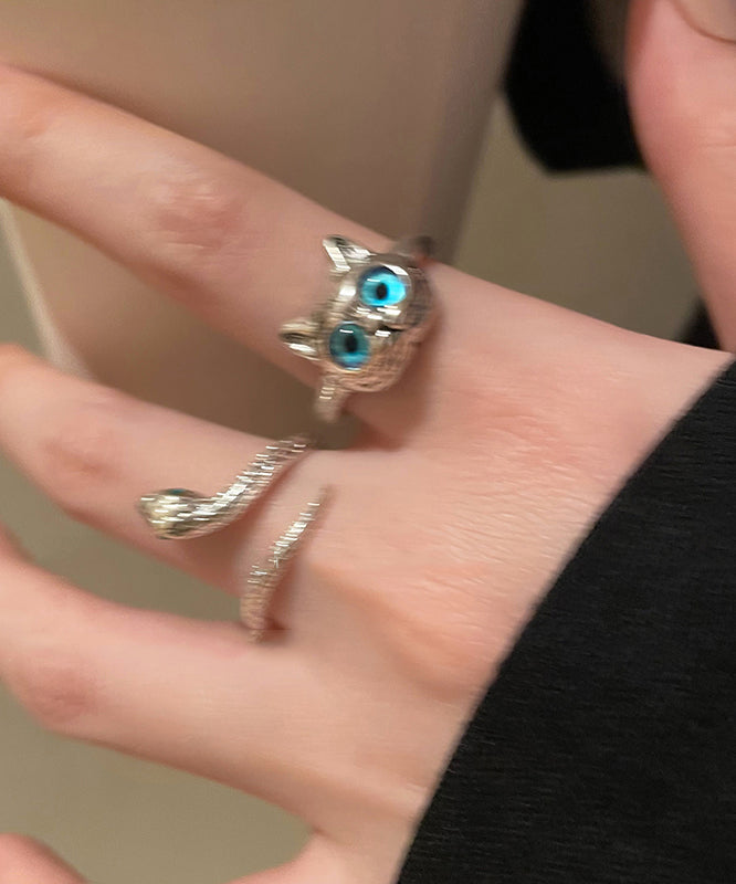 Blue Alloy Glass Little Cats and Snake Rings Two Pieces Set