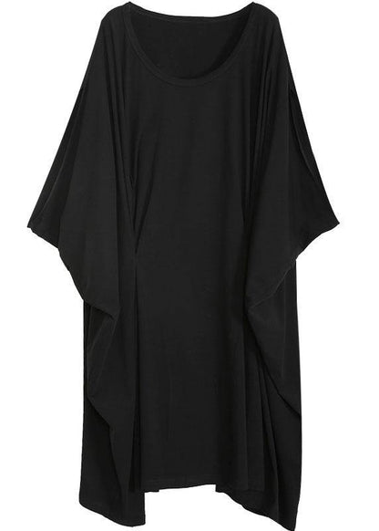 Diy Black Asymmetric Cotton Long Dress O Neck