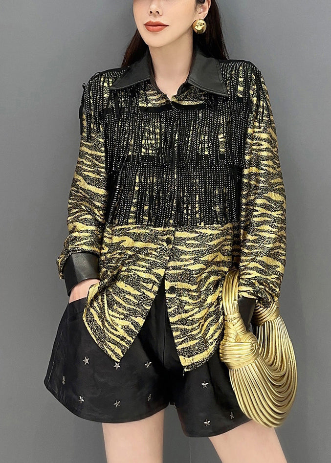 Yellow Tasseled Faux Leather Patchwork Blouse Spring