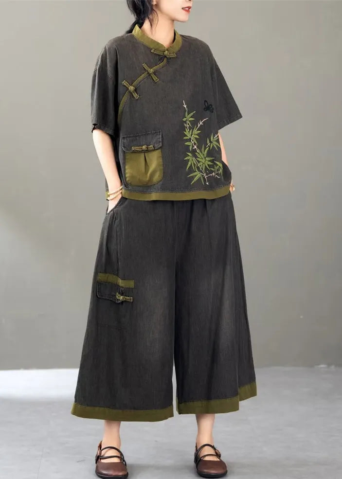 Retro Black Embroidered Pockets Denimtwo Piece Set Short Sleeve