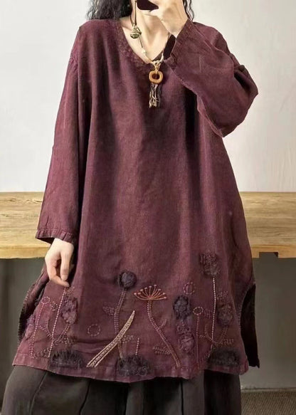 Yellow Stripes V Neck Embroidered Patchwork Linen Mid Dresses Fall