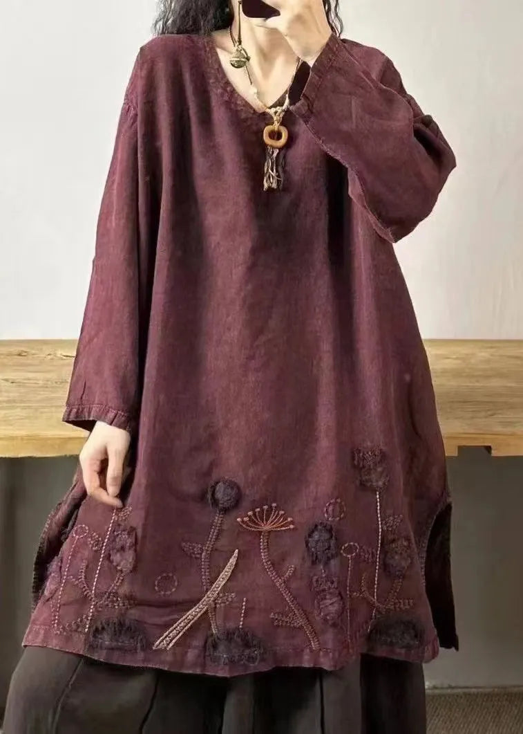 Yellow Text V Neck Embroidered Patchwork Linen Mid Dresses Fall