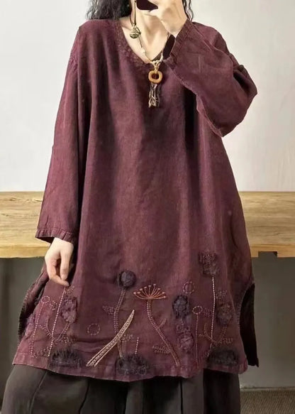 Yellow Text V Neck Embroidered Patchwork Linen Mid Dresses Fall