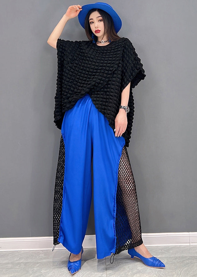 Blue Patchwork Tulle Top and Crop Pant Two Piece Set Clothing Drawstring Summer