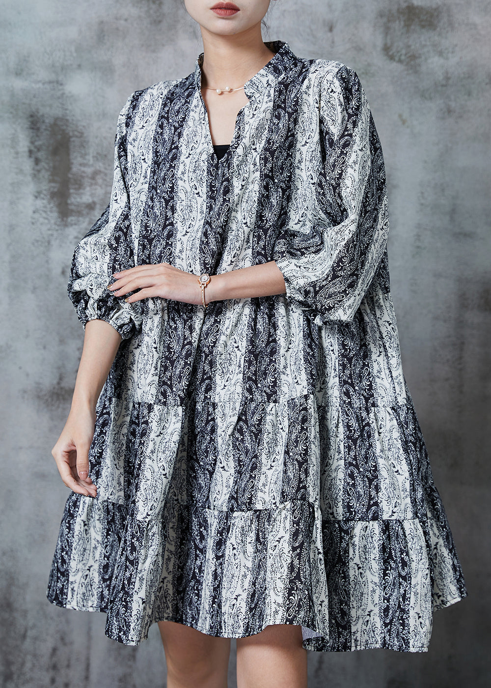 Grey V Neck Print Chiffon Mid Dresses Summer