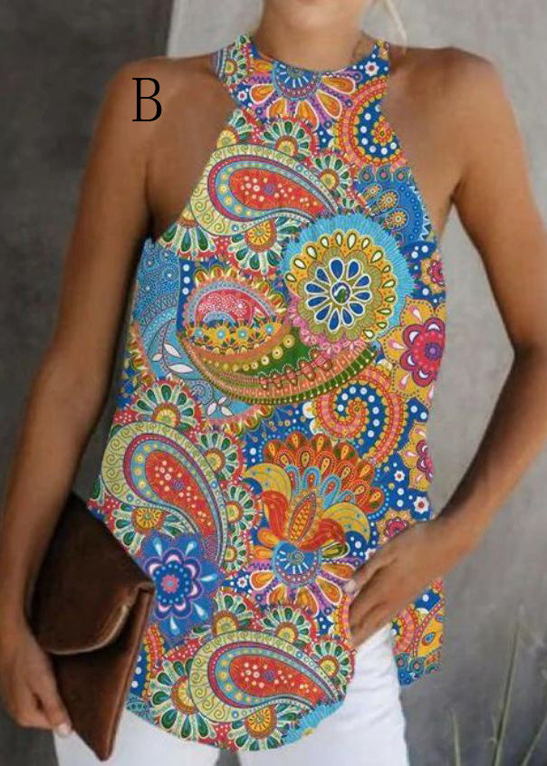 European and American Print Halter Cotton Top Sleeveless Summer