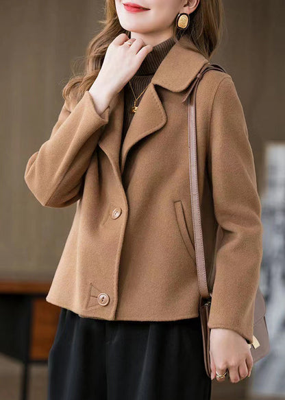 Camel Peter Pan Collar Woolen Coat Long Sleeve Winter