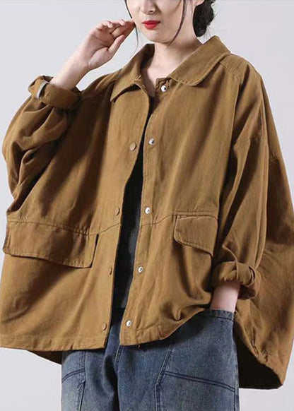 Organic Brown Peter Pan Collar Button Patchwork Fall Coat Long Sleeve
