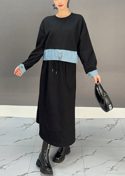 Black O-neck Denim Patchwork Pockets Maxi Dresses Spring
