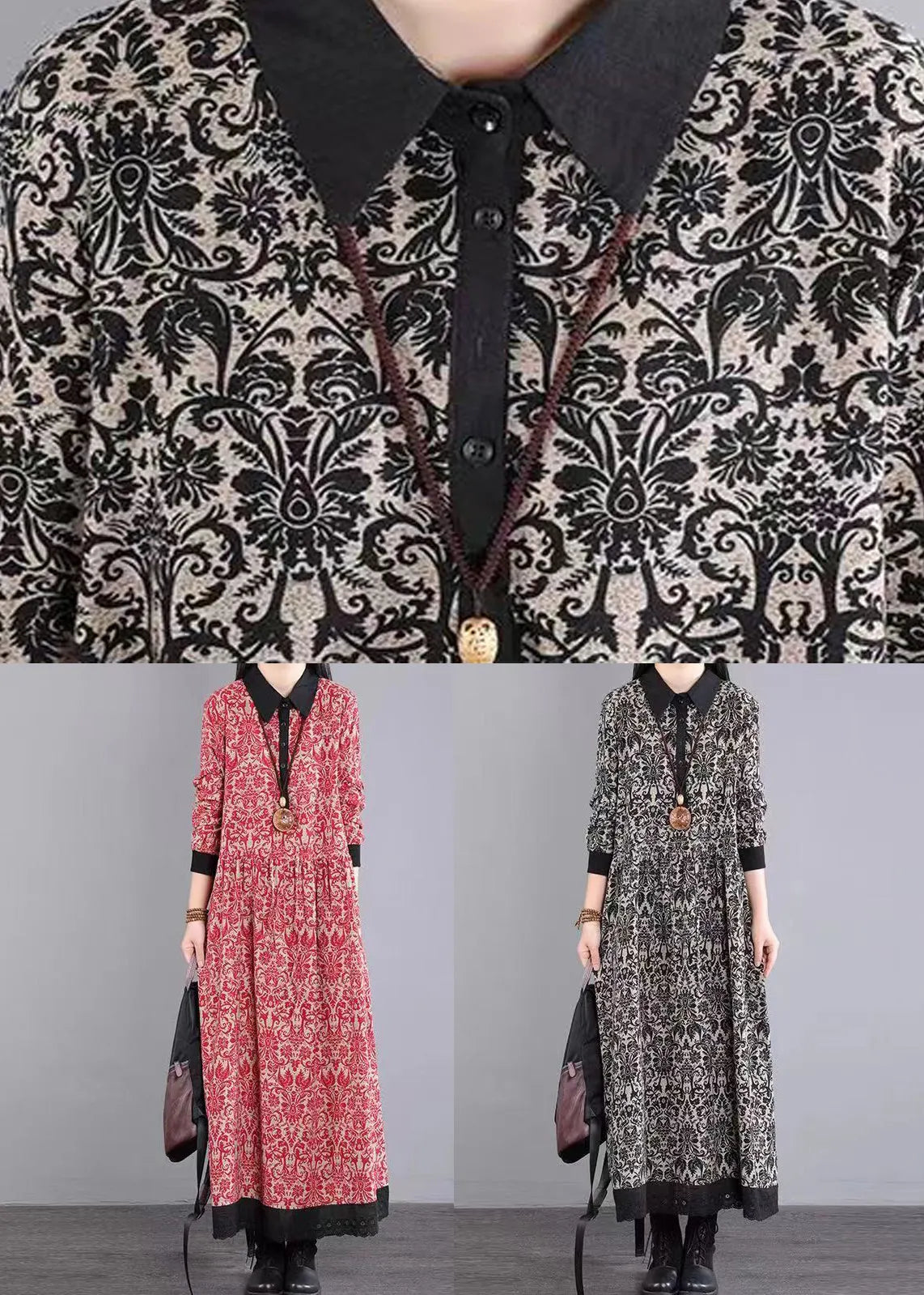 Red Peter Pan Collar Patchwork Cotton Long Dress Fall