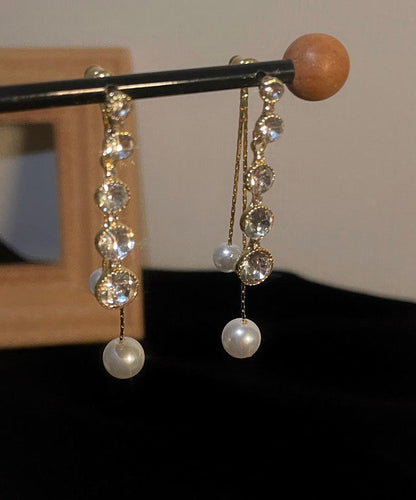 Gold Copper Alloy Zircon Pearl Tassel Drop Earrings