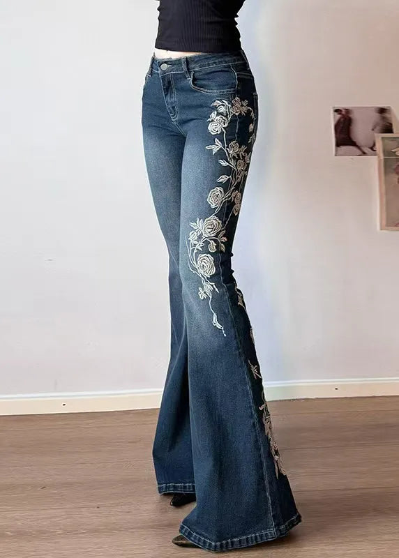 Slim Fit Blue Embroidered High Waist Denim Flared Trousers Summer