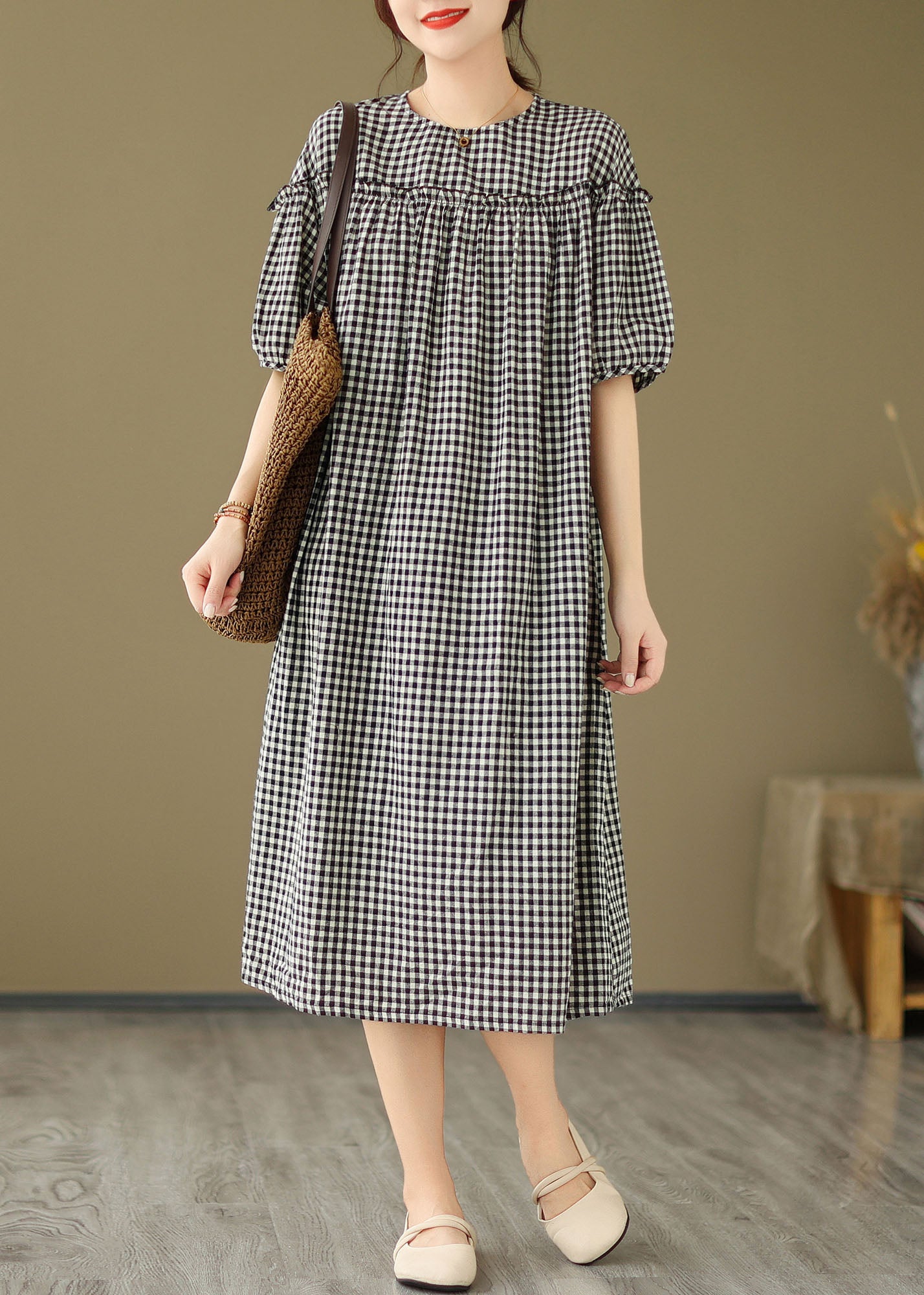 Black O Neck Plaid Ruffled Patchwork Cotton Dress Summer