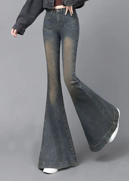 Navy High Waist With Pockets Denim Flare Bottoms Spring