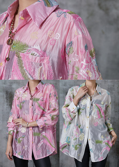 White Linen Silk Upf 50+ Shirt Top Embroidered Summer
