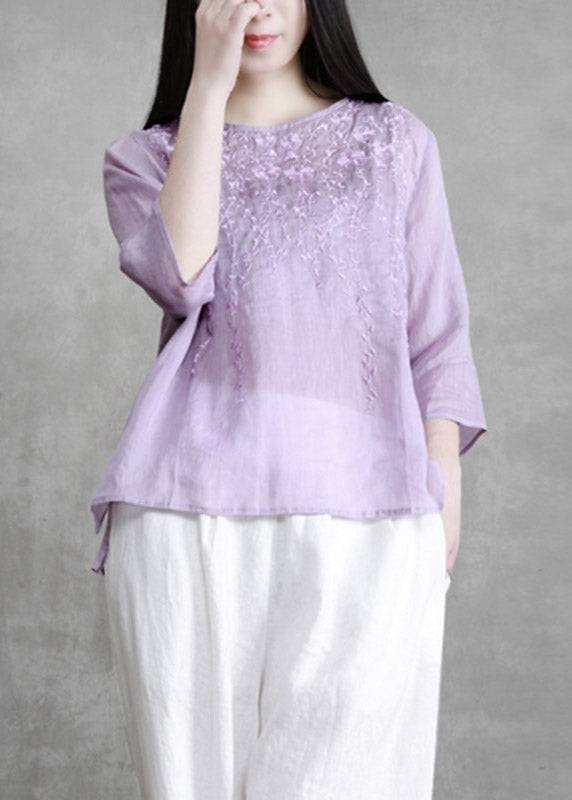 Boutique Violet O-neck Embroideried Linen Shirts Long Sleeve