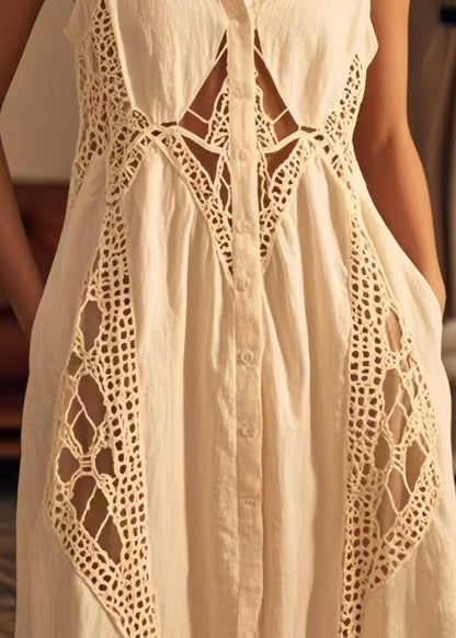 White Peter Pan Collar Patchwork Cotton Dresses Sleeveless