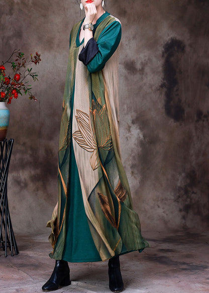 Green V Neck Patchwork Layered Silk Vacation Dresses Bracelet Sleeve