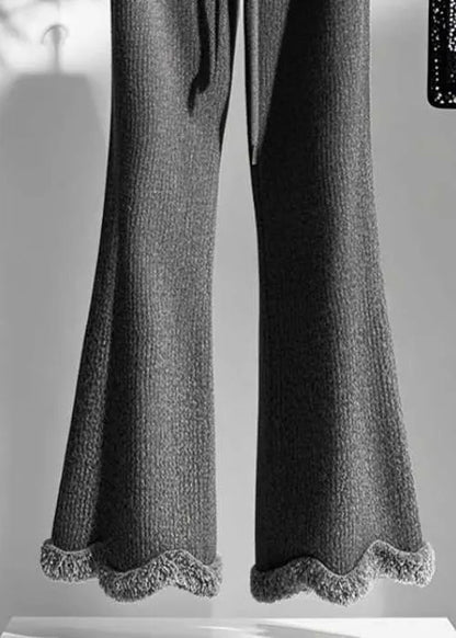 Grey Cozy Elastic Waist Knit Flared Trousers Fall