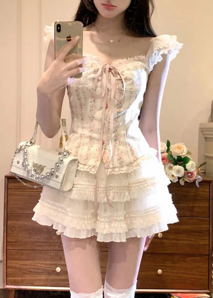 Apricot Ruffled Lace Up Tulle Patchwork 2 Piece Summer