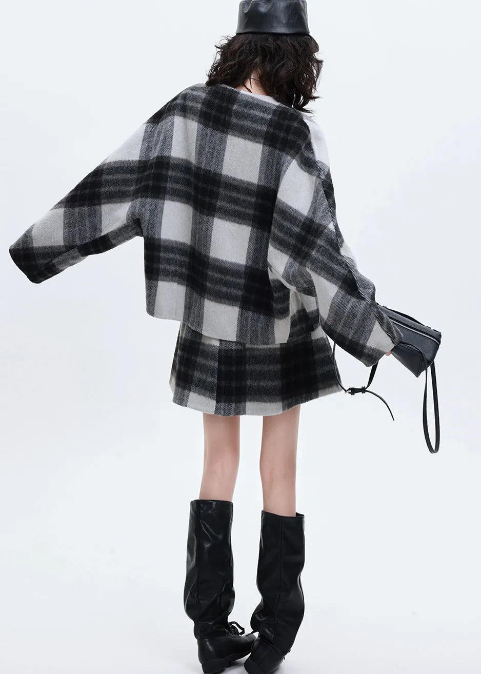 Art Grey Oversized Plaid Woolen Coats and Skirts Two Pieces Set Spring