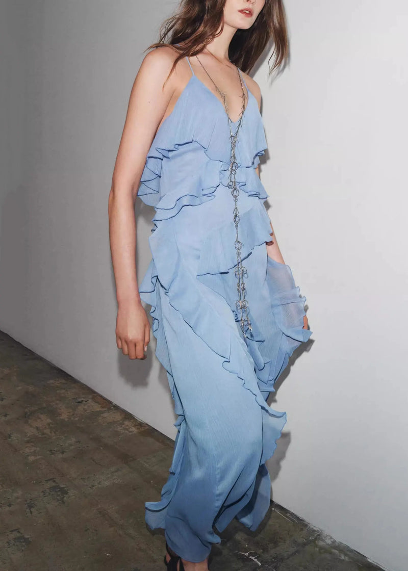 Blue V Neck Ruffled Chiffon Spaghetti Strap Dress Sleeveless