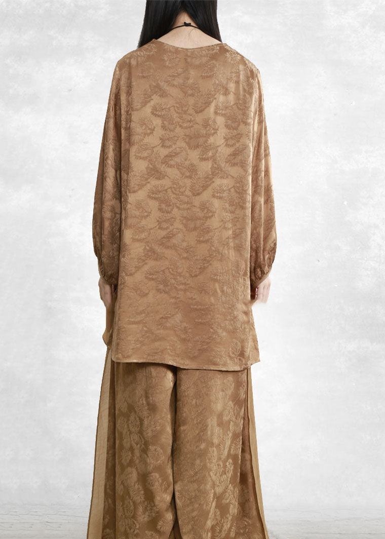 Chocolate Yellow Patchwork Silk Tops and Wide Leg Pants Two Piece Set Jacquard Spring