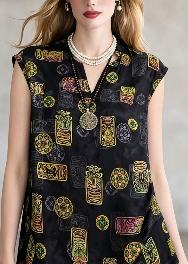 Loose Black V Neck Print T Shirt Short Sleeve