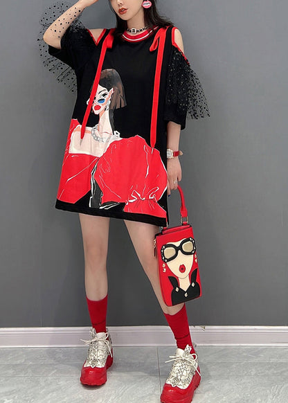 Black O-neck Tulle Patchwork Belle Mid Dress Half Sleeve