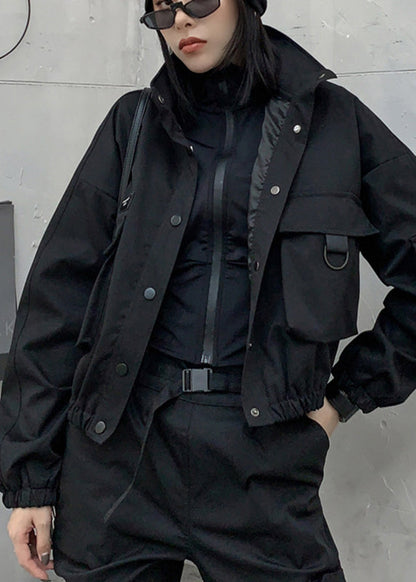 Black Stand Collar Pockets Button Jacket Long Sleeve