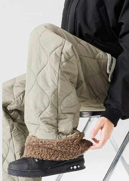 Loose Light Green Original Design Elastic Waist Patchwork Warm Fleece Pants Winter