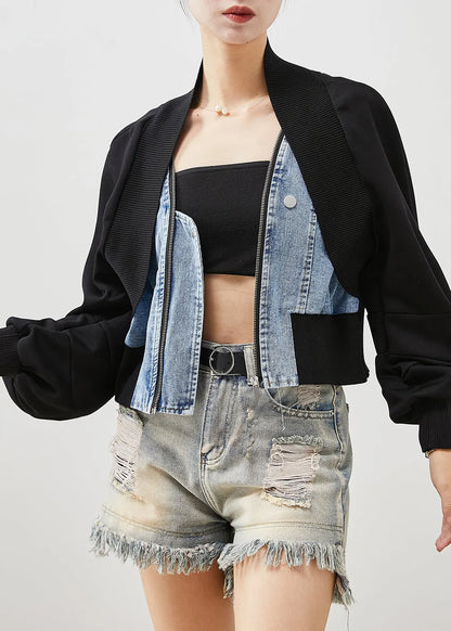 Black Oversized Patchwork Denim Fake Two Piece Coats Spring