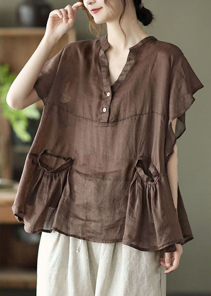 Chocolate Retro Loose Pockets Fall Shirt Tops Short Sleeve