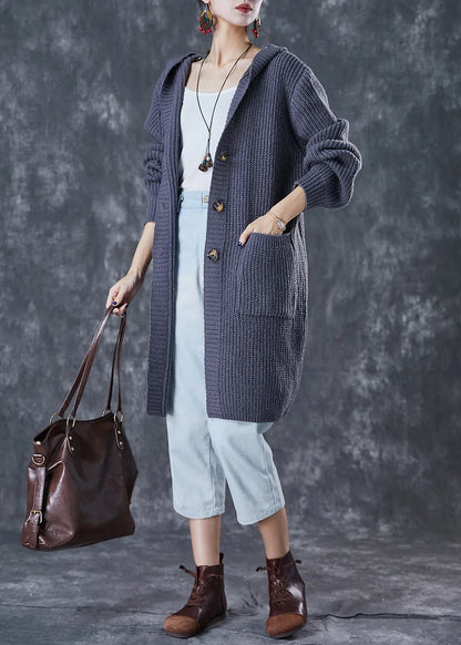 Grey Hooded Oversized Knit Cardigan Fall
