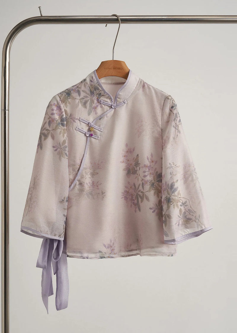 Chinese Style Purple Print Silk Oriental 2 Piece Outfit Fall