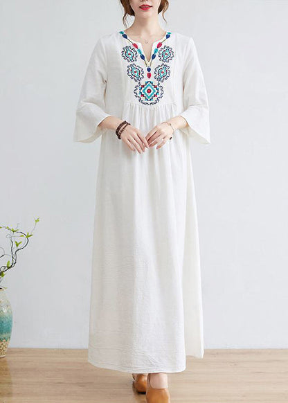 White V Neck Embroideried Cotton a Line Dress Bracelet Sleeve