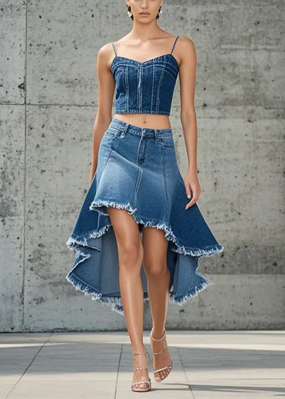 French Blue Low High Design Exra Large Hem Denim Skirts Spring