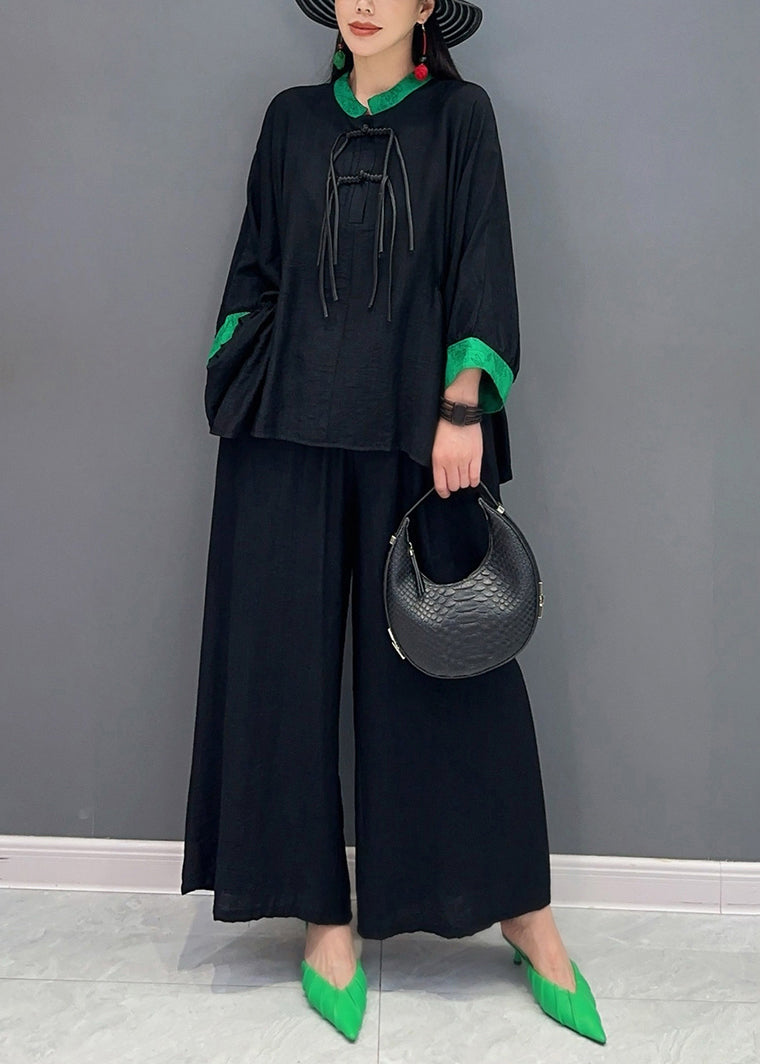 Black Print Button Shirts and Wide Leg Pants Two Piece Set Long Sleeve