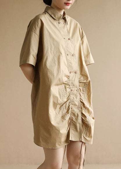 Khaki Peter Pan Collar Drawstring Double Breast Cotton Dresses Short Sleeve