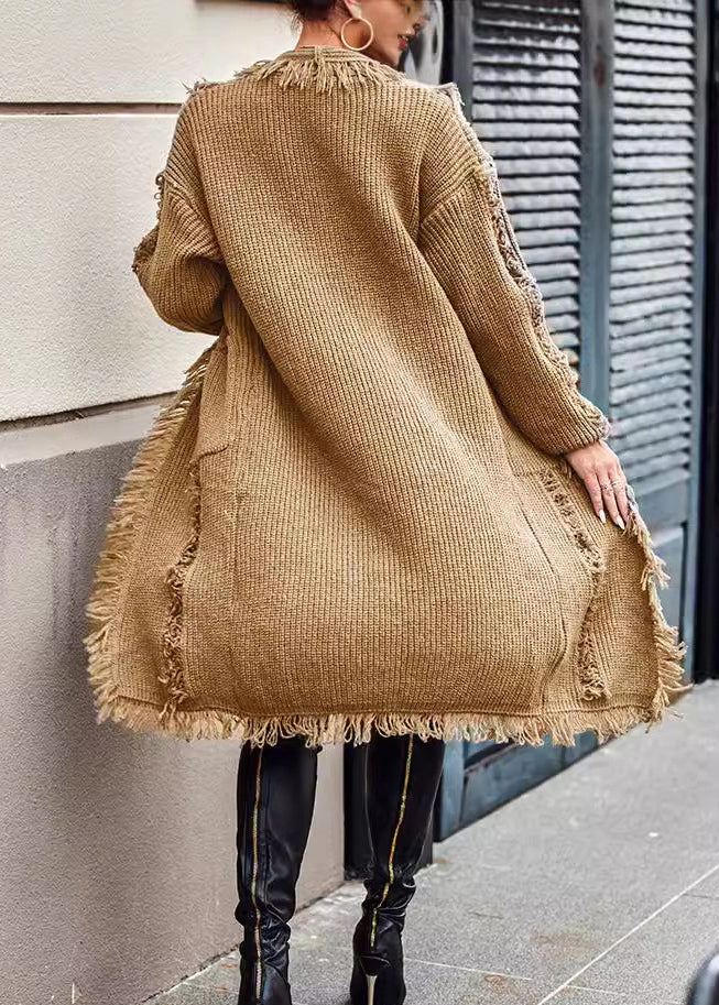 Black Pockets Tassel Long Knit Cardigan Spring