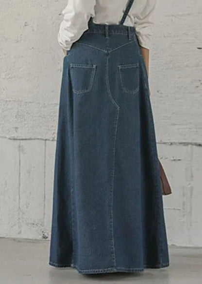 Blue Pockets Patchwork Denim Maxi Skirts Spring