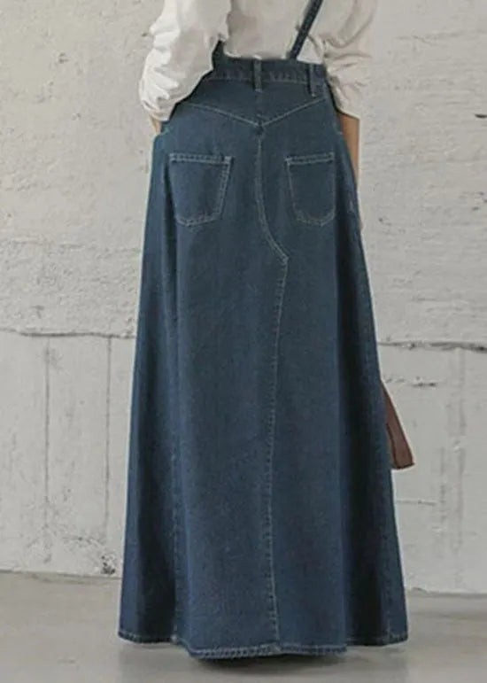 Blue Pockets Patchwork Denim Maxi Skirts Spring