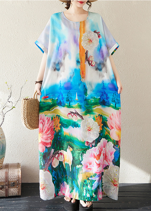 Blue Oversized Tie Dye Cotton Maxi Dresses Summer