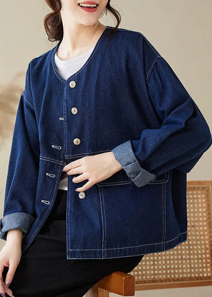 Blue O Neck Button Denim Coats Spring
