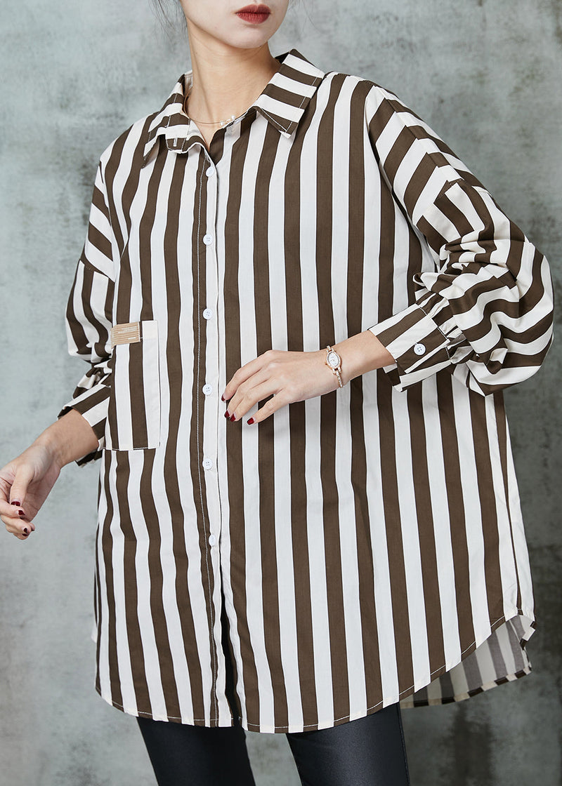 Khaki Oversized Striped Cotton Shirt Tops Spring