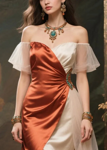 Colorblock Backless Patchwork Side Open Silk Dinner Dress Summer