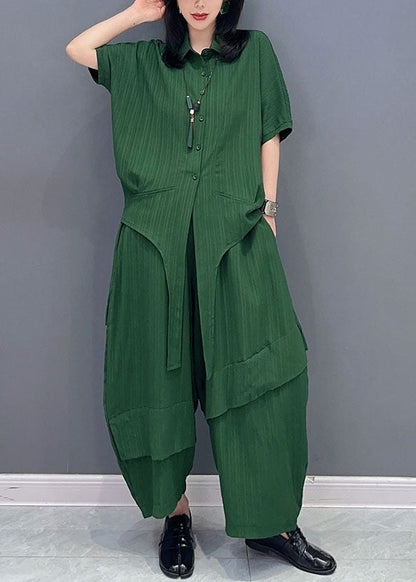 Natural Green Peter Pan Collar Patchwork Tops and Pants Cotton Two Pieces Set Spring