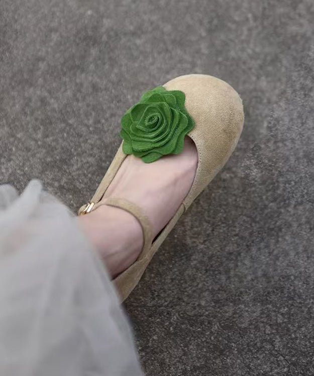 Khaki Suede Flat Shoes for Splicing Buckle Strap