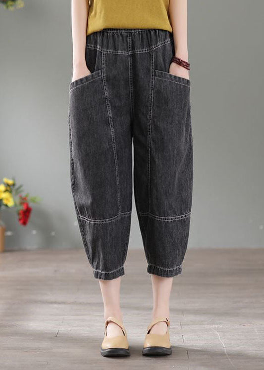 Denim Grey Patchwork Cotton Crop Pants High Waist Pockets Summer